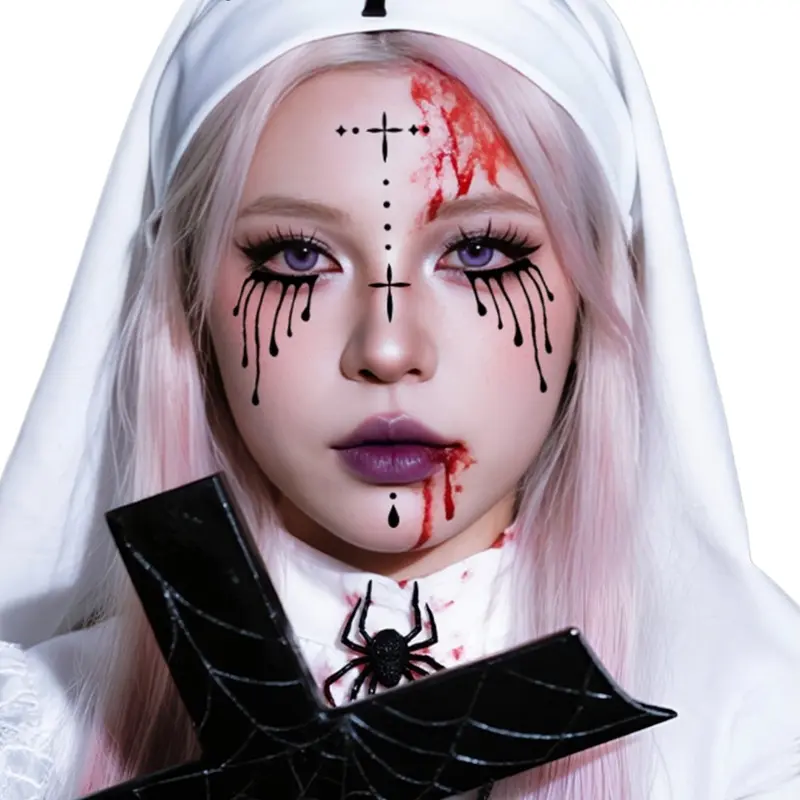 Gothic Cross Face Colored Temporary Tattoo Stickers, Fake Blood Tattoos for Halloween Makeup