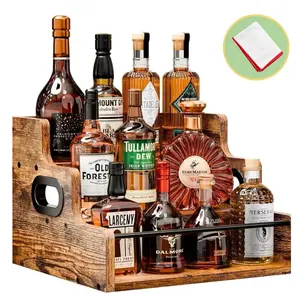 Three-Layer Solid Wood Countertop Rack, Multi-Functional Storage Organizer for Whisky, Spirits, Coffee, Tea & Seasonings, Ideal for Bar Kitchen Home, Bonus Wine Glass Polishing Cloth Included, Soccer Party Supplies