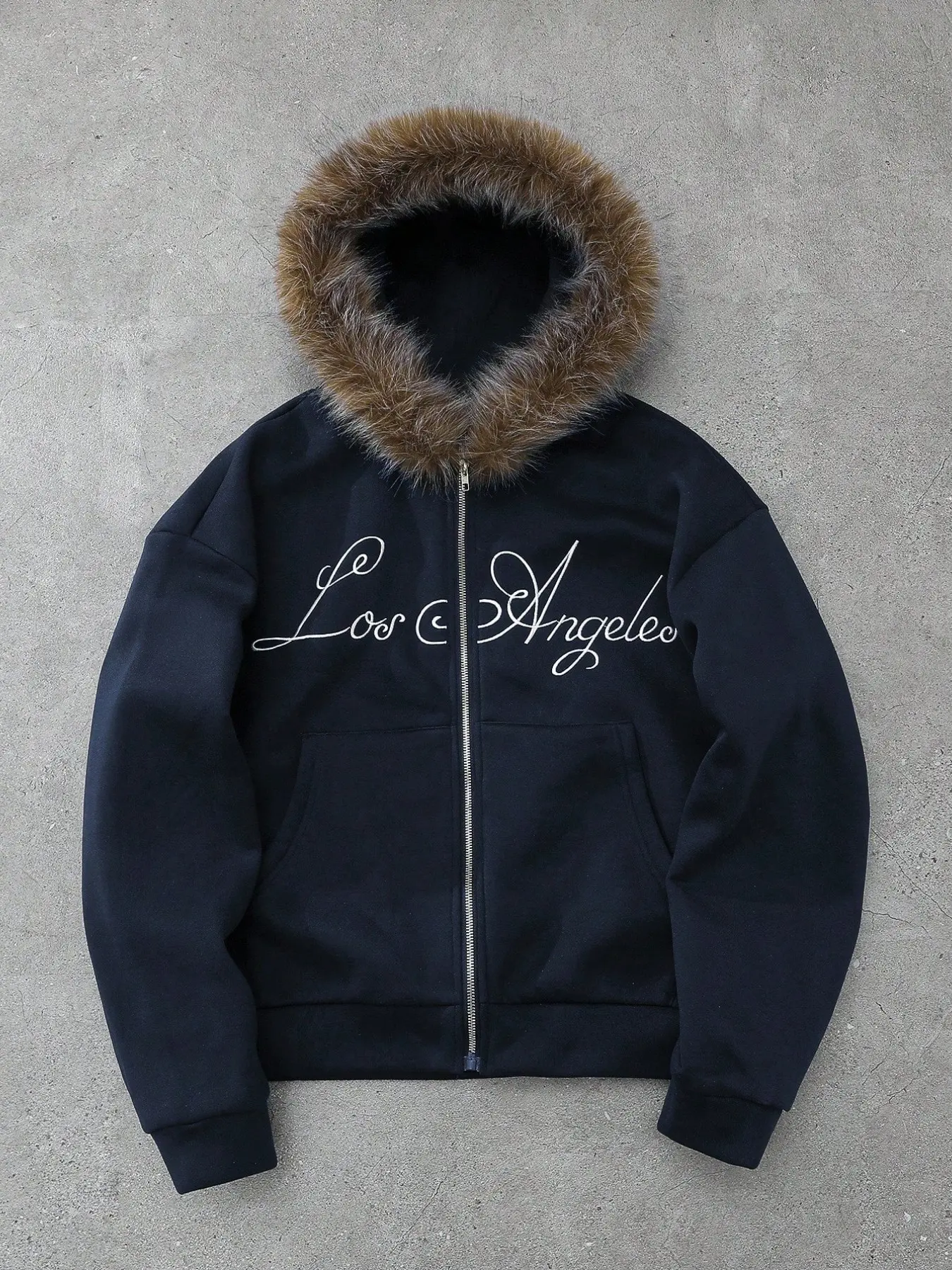 American Style Letter Embroidery Fur Collar Hooded Open Front Sweatshirt, Vintage Loose Thick Warm Winter Zipper Coat