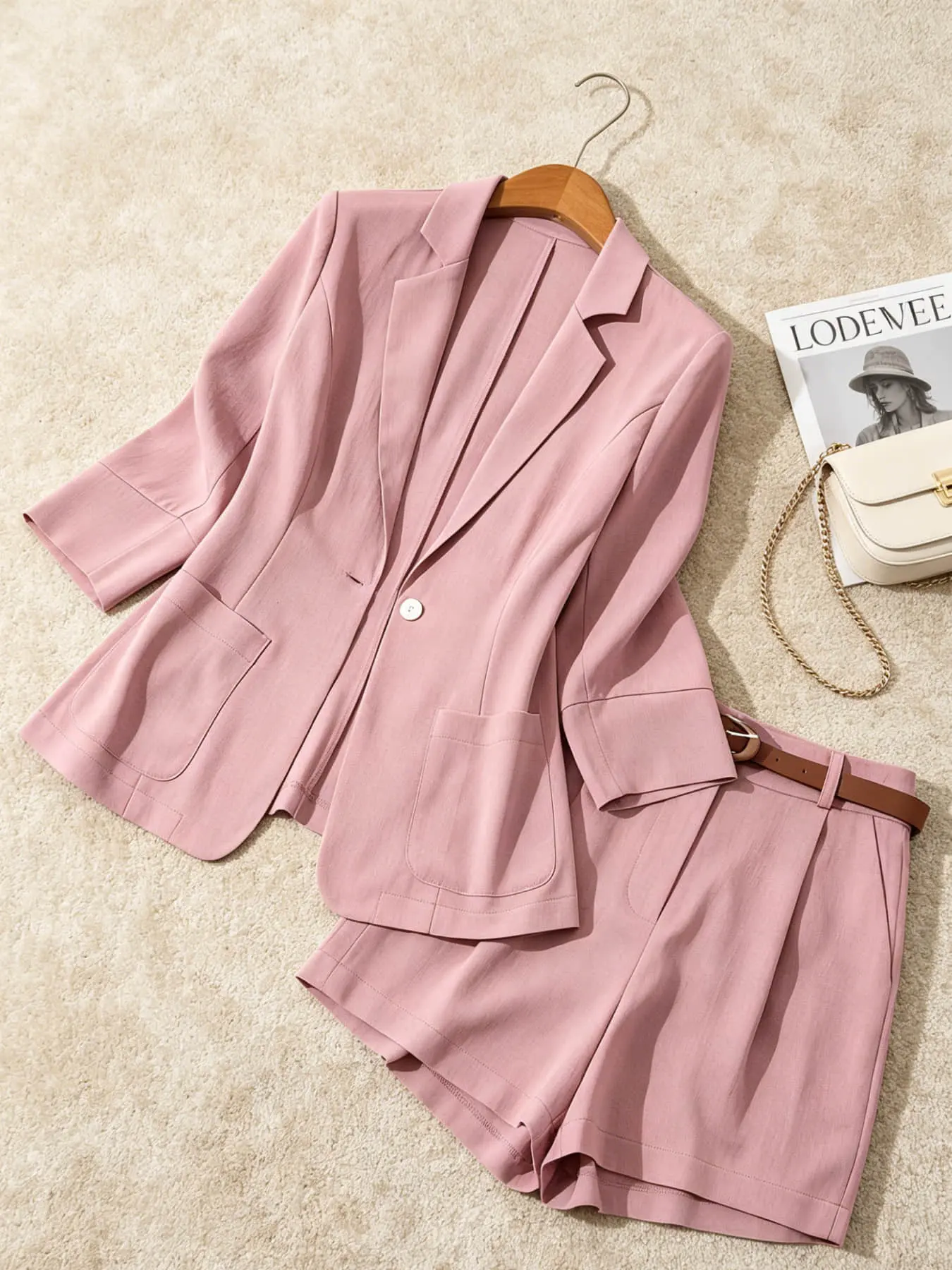 Two piece women's seven quarter sleeve commuting thin suit set, one button down waist jacket+light mature style slimming shorts, summer, daily commuting, business and social activities, Corporate Outfits Women, Office Siren Outfits Girl, Clothing Sets