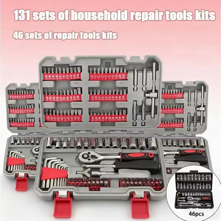 131pcs Home Repair Tool Set  All-in-One Hand Tool Kit with Socket Wrench, Hex Keys & Screwdriver Bits – Perfect for Home, Auto Repair, DIY Projects & Everyday Fixes