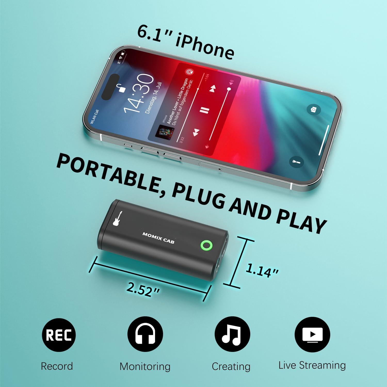 Guitar Audio Interface Pocket Internal Recording Sound Card with Type-C & Lightning for Live Streaming by iPad, iPhone, Android, PC Plug and Laptop Plug & Play