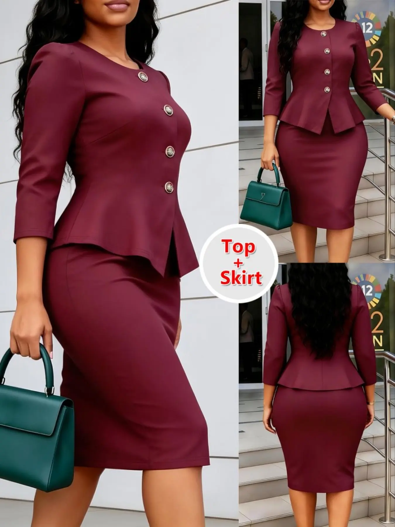 Women's Plus Size Solid Elegant Fashion Chic Two-Piece Dress Set, Round Neck 3/4 Sleeve Buttoned Pleated Blazer & High Waist Tight Fit Skirt, Formal Business Workwear