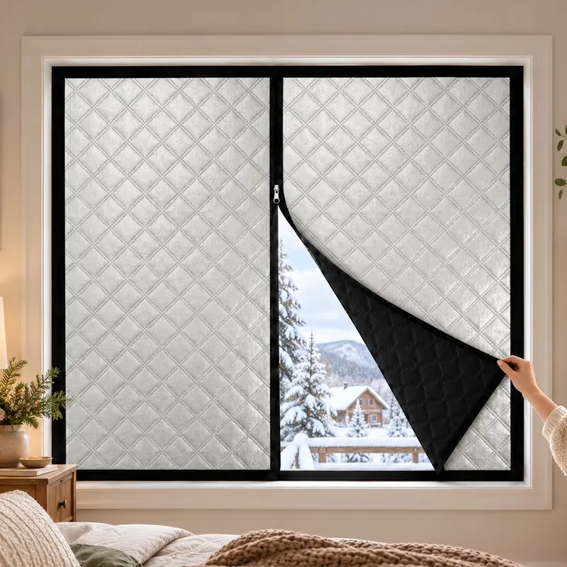 Thickened Winter Thermal Window Curtain, Windproof Insulated Blackout Window Cover, Center Zipper Opening Design, Self-Adhesive Hook-and-Loop Fastener, No-Drill Installation for Bedroom, Living Room and Home Windows