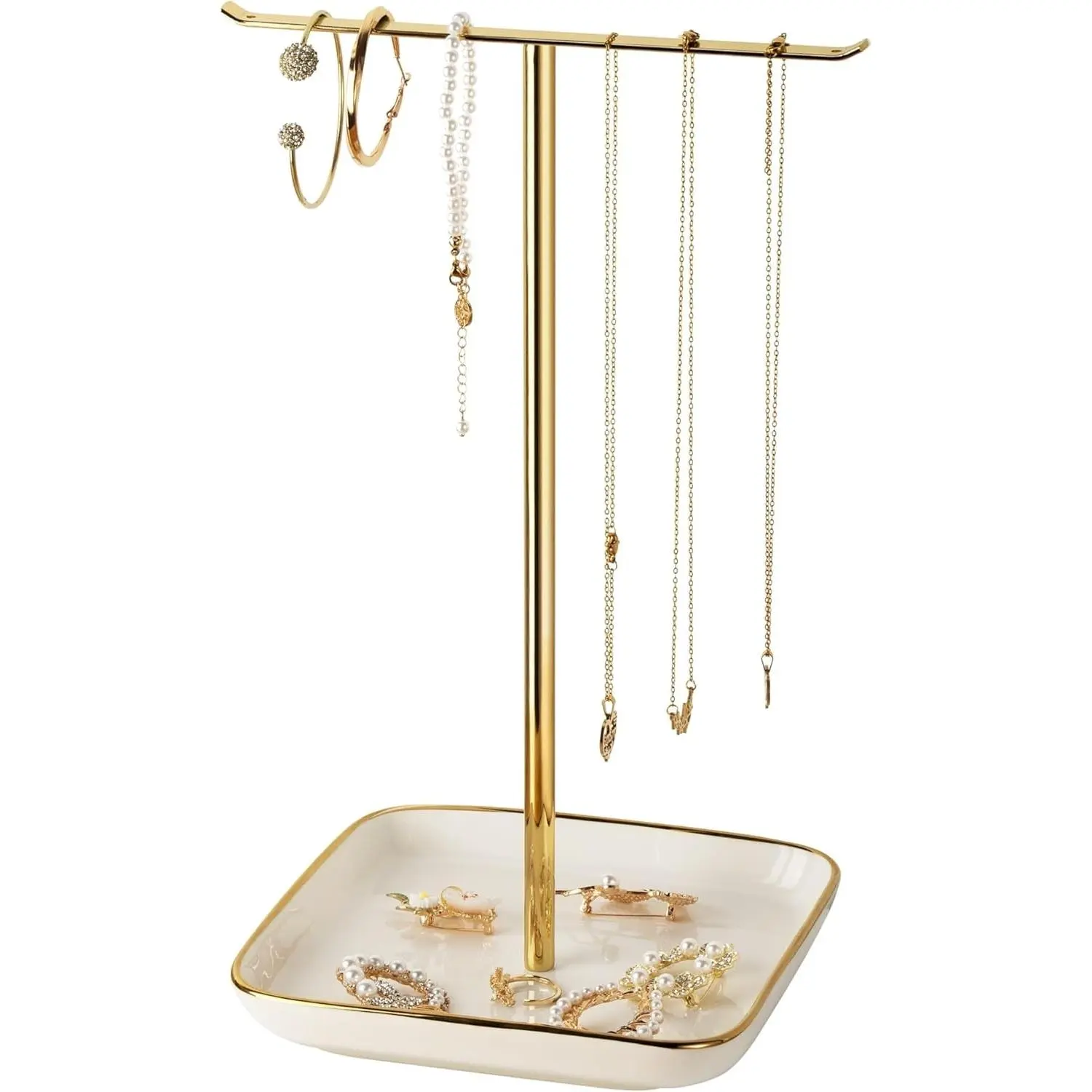Necklace Holder Stand with Ceramic Base: 12" Jewelry Tree Display Organizer for Necklaces, Bracelets, Rings, Earrings, Tall Gold Stand for Women, Aesthetic Room Décor, Gold and White