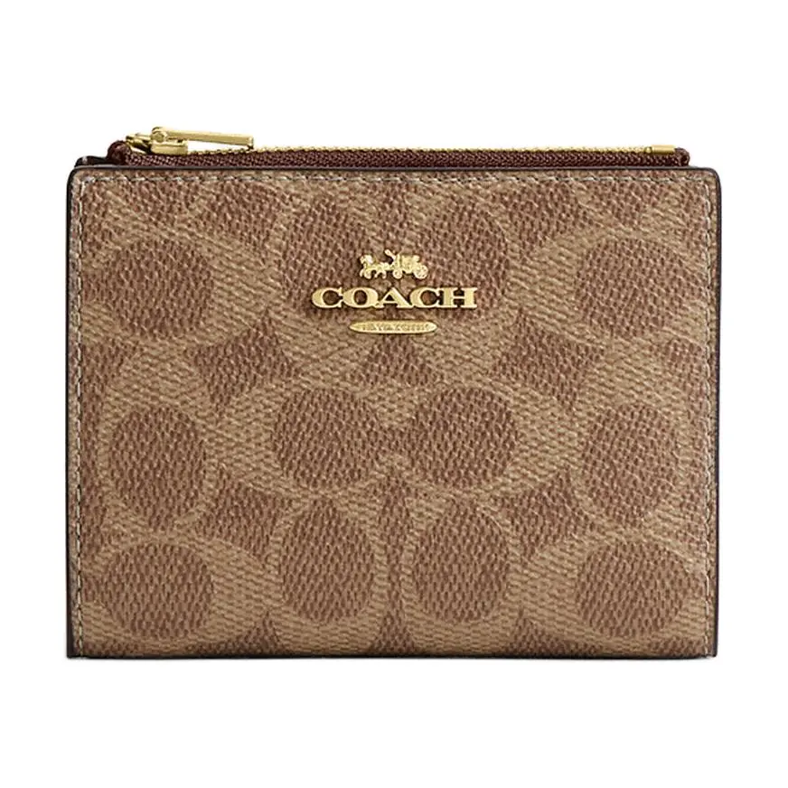 COACH Coach Logo Double-Fold Canvas Wallet for Men and Women, Casual Style in Tan