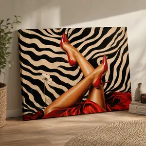 Red Heels on Zebra Print Horizontal Canvas Wall Art, Bold Fashion Poster, Home Decor for Living Room Bedroom Office, Available as Unframed Canvas Poster or Framed Canvas Wrap