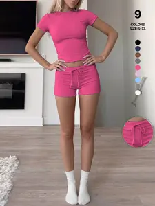 Summer Comfy Fit! Stretchy Slight-Crop Top & Hot Pants Two-Piece, Trendy Urban Casual Athleisure Outfits Loungewear for Workout & Staying In