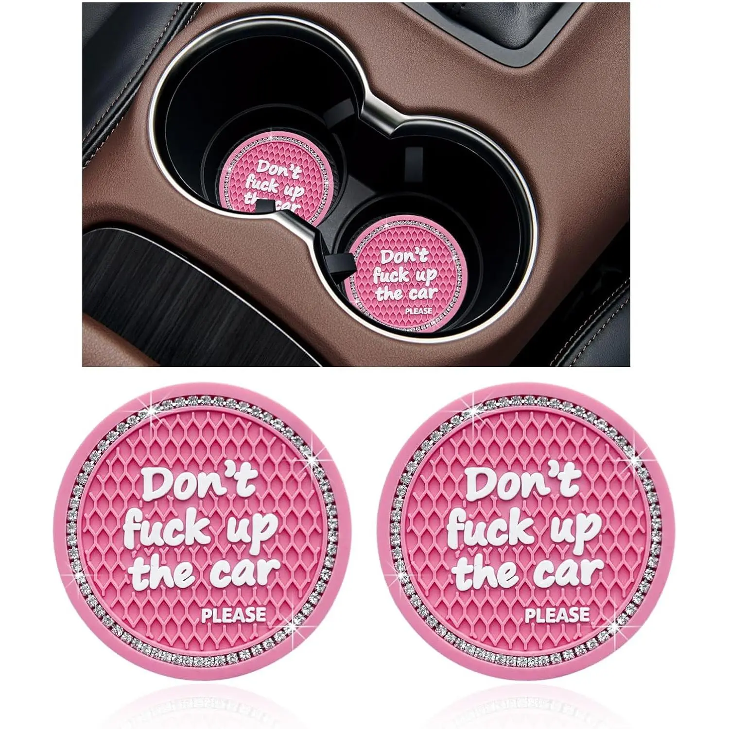 2 Pack Bling  Cup Holder Coaster, 2.75 Inch Anti-Slip Auto Insert Cup Coaster,   Drink Cup Mat  for Women Girls,  Interior Decor Accessories ()