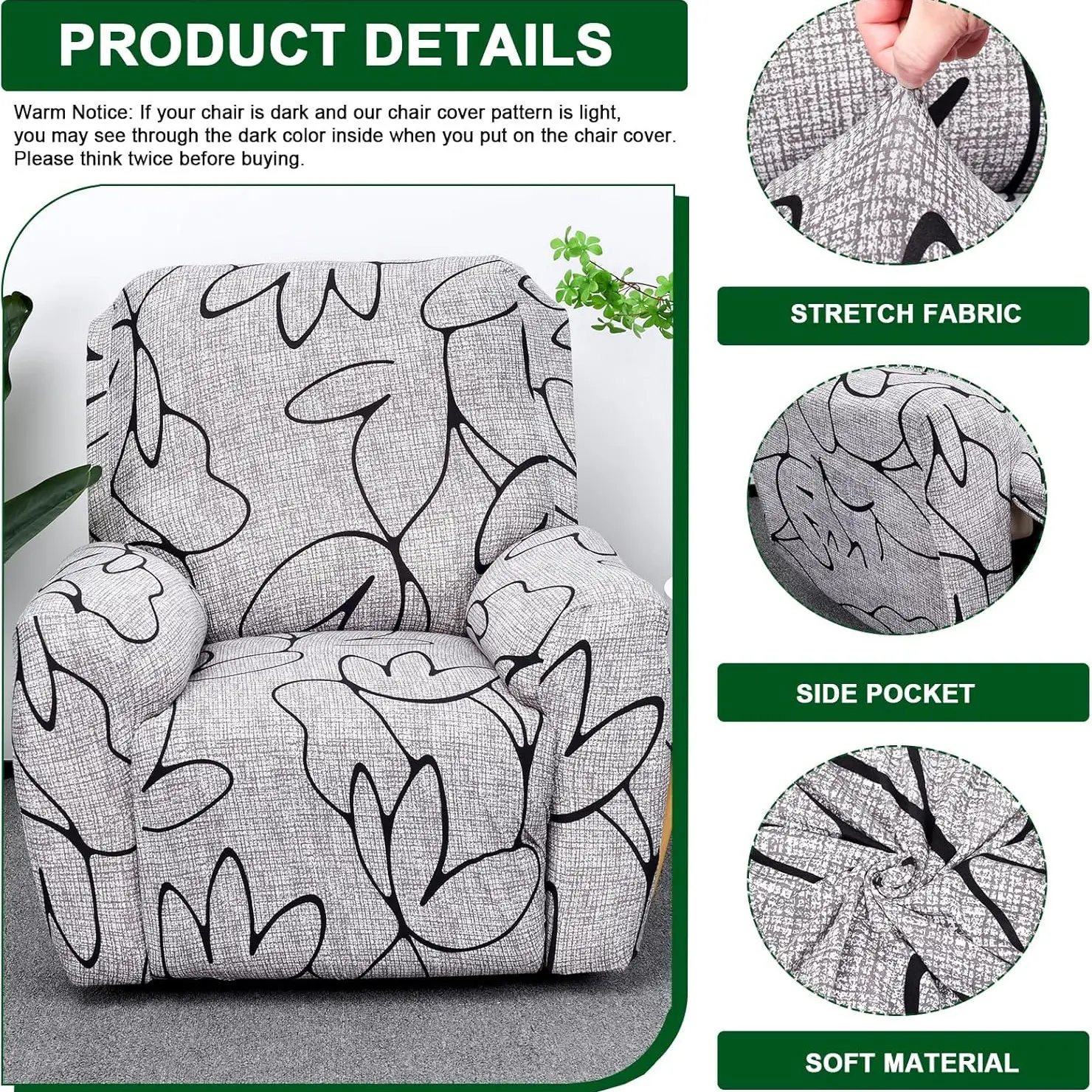 Poem & Yao 4pcs Elastic Full Cover Lounge Chair Set, Printed Sofa Protector, Thick Fabric Couch Covers, Durable and Stylish Design