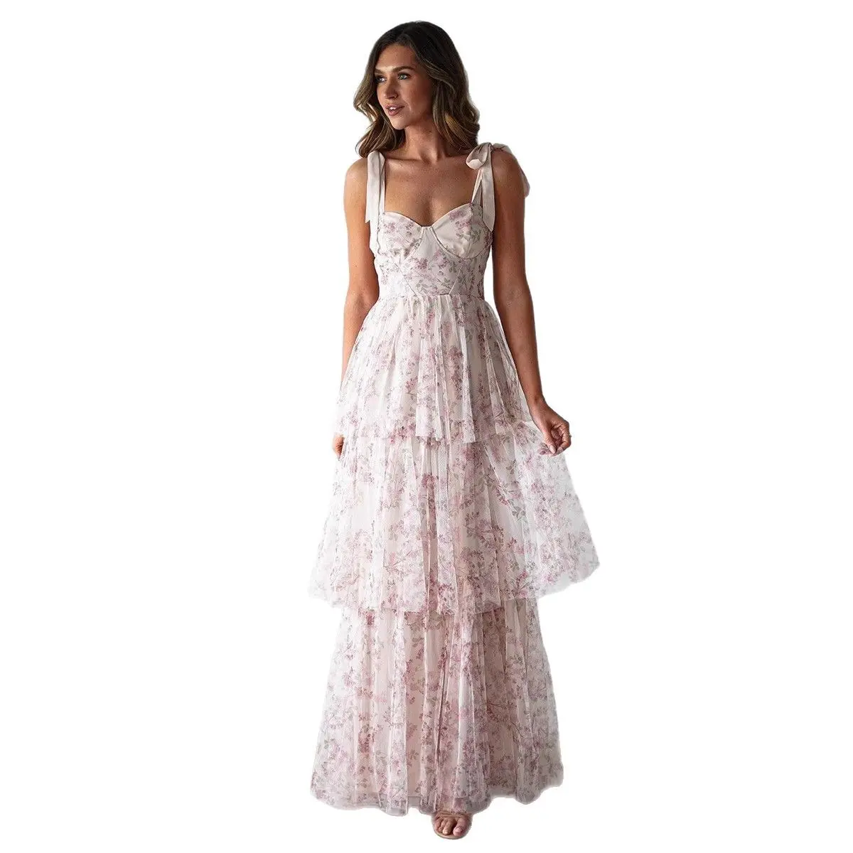 Women's Princess Sleeveless Tie-Strap Sweetheart Neck Bustier Dress, Plus Size & Normal Type Basic Floral Print Multi-Layer Tiered Tulle Flowy Maxi Wedding Guest Gown, Elegant, Multi-Layer Flared, Sheer Tulle Mix, Party