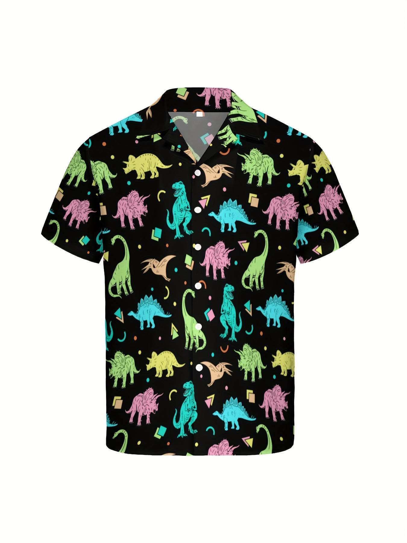 3pcs Men'S Hawaiian Shirt And Short Set, Funny Colorful Neon Dinosaur Soft Fabric Breathable Shirt Button Short Sleeve Casual Beach Shirts Outfits With Bucket Hats