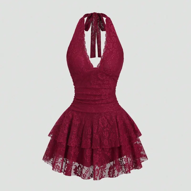 Women's Sleeveless V-Neck Lace Patchwork Sexy Mini Dress, cocktail evening dress, Perfect for Dates, Elegant Lace Skirt for Special Occasions