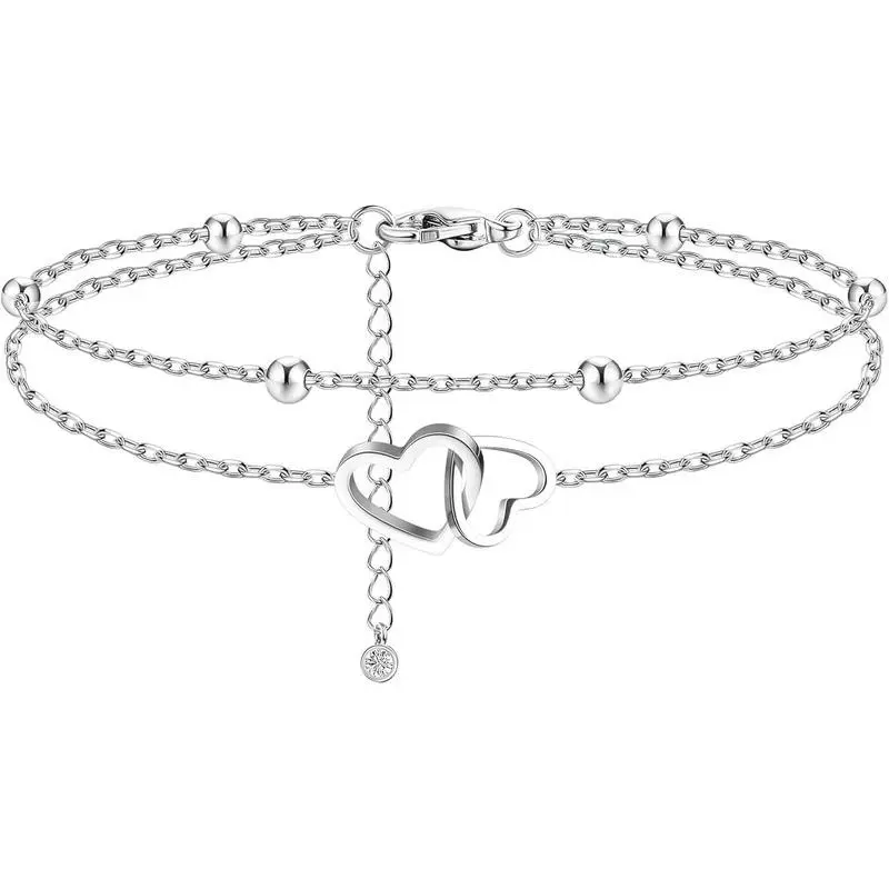 Layered Double Heart Charm Anklet for Women, Dainty Adjustable Heart Buckle Ankle Bracelet, Minimalist Coquette Jewelry, Cute Y2K Beach Vacation Summer Jewelry Gift for Girls and Women
