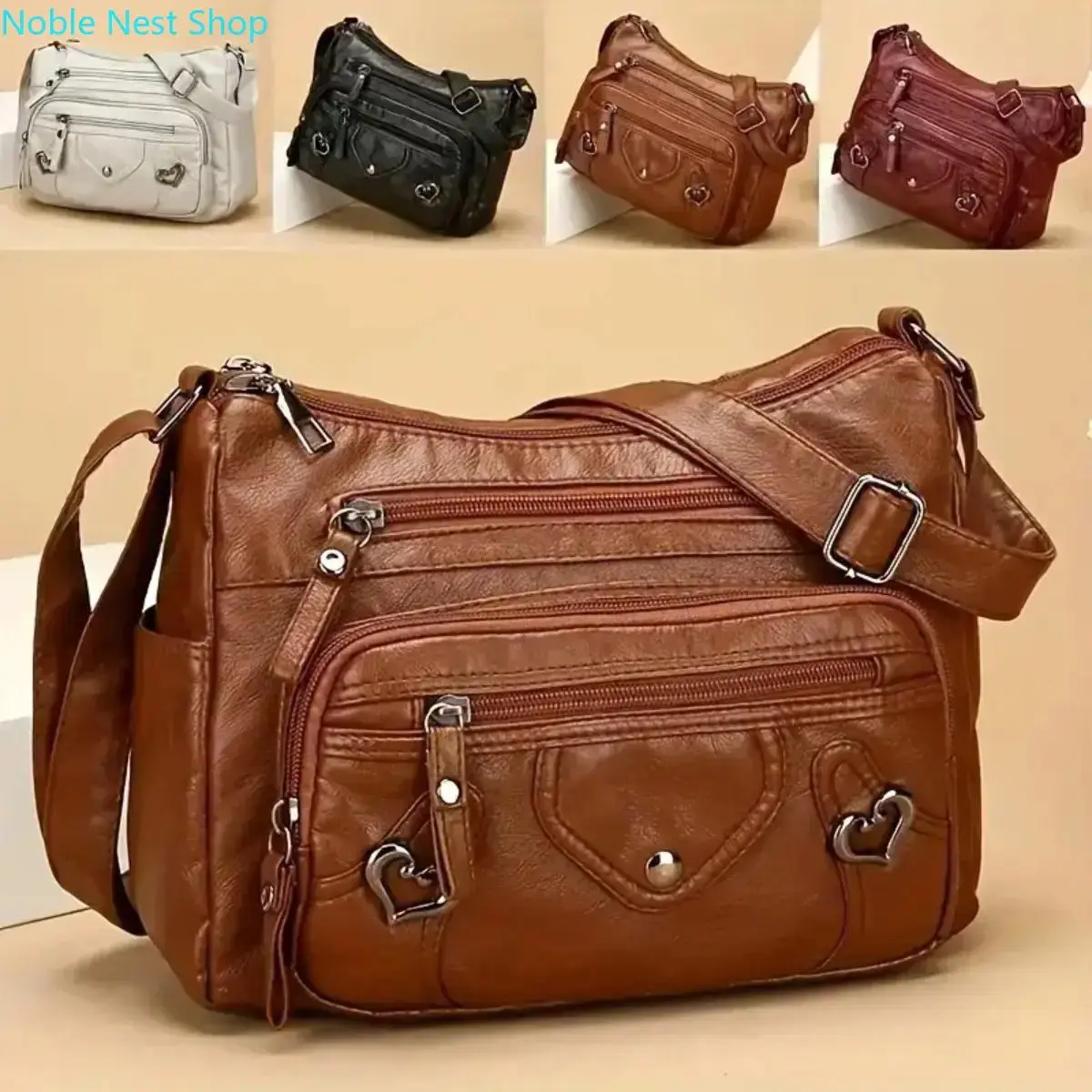 Vintage Multi-Pocket PU Leather Crossbody Purse, Large Capacity Solid Color Shoulder Bag with Adjustable Strap & Zipper, Student Satchel for School, Commute, Work & Daily Casual Use