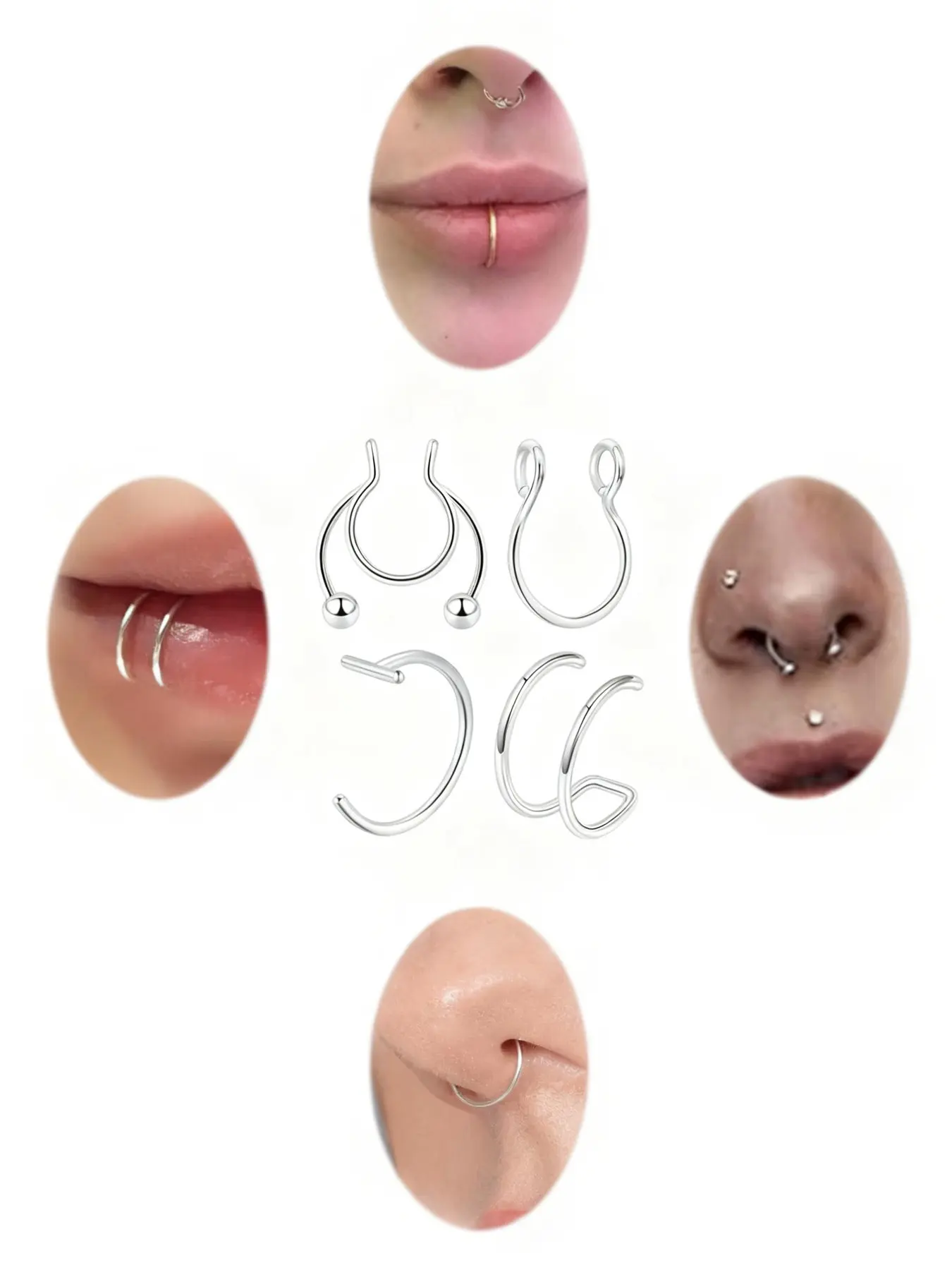 4 Counts Stainless Steel Fake Nose Rings Set, Non-Piercing Clip-On Design, Party Style Jewelry for All Seasons, Unisex Accessory