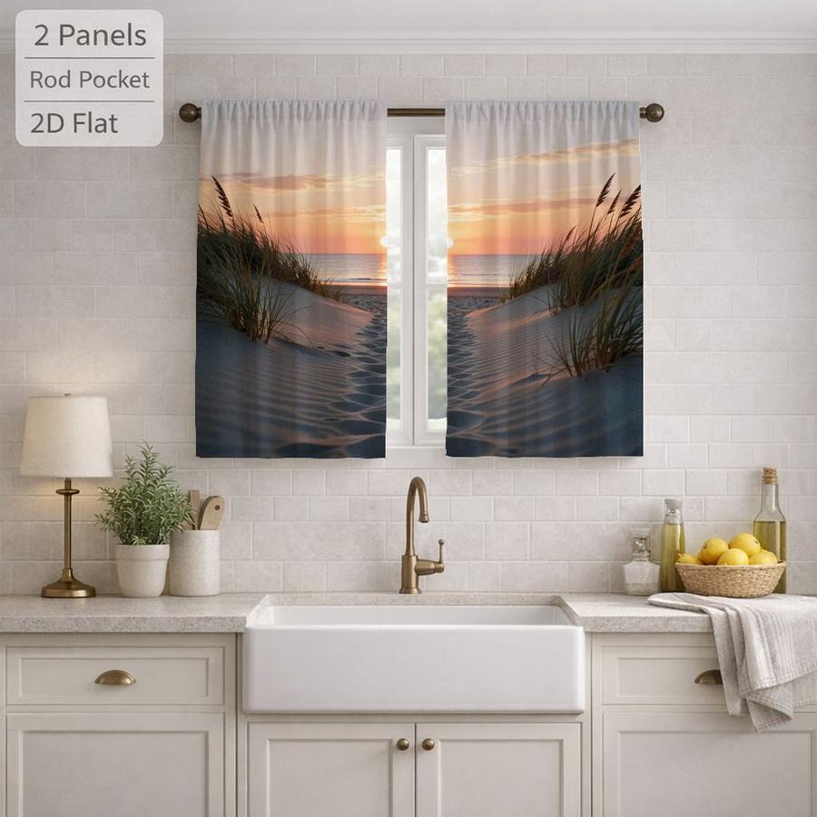 2Pcs Beach Landscape Sunset Pattern Seaside Scenery Sun Blocking Curtains Digital Printed Rod Pocket, Window Treatment For Bedroom Office Kitchen Living Room Study Home Decor