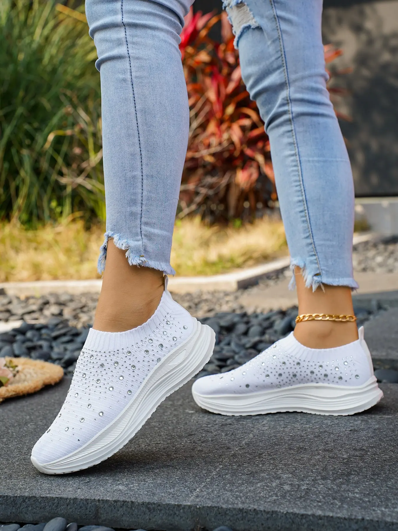 Spring Summer New Slip-On Socks Shoes with Rhinestones, Elegant Women's Footwear, Lightweight and Comfortable, Perfect for Skirts