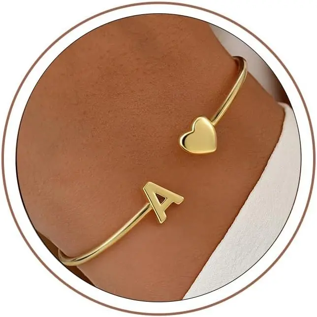 Teen Girl Gifts Trendy Stuff - Dainty 14K Gold Plated Letter A-Z Initial Heart Cuff Bangle Bracelets, Gifts for Women Her Mom Daughter Sister Friend Teens Birthday Jewelry Gifts