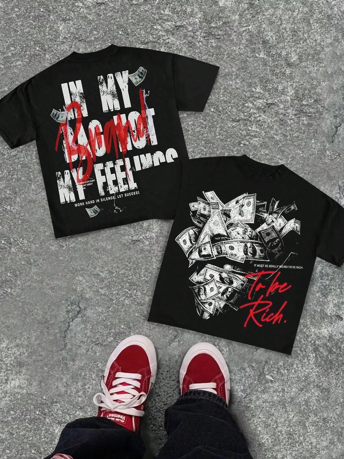 "Oversized Black Graphic T-Shirt | Y2K Streetwear Hustle Money Print Tee | 'To Be Rich' Statement Top for Hip-Hop Night Out & Street Style"