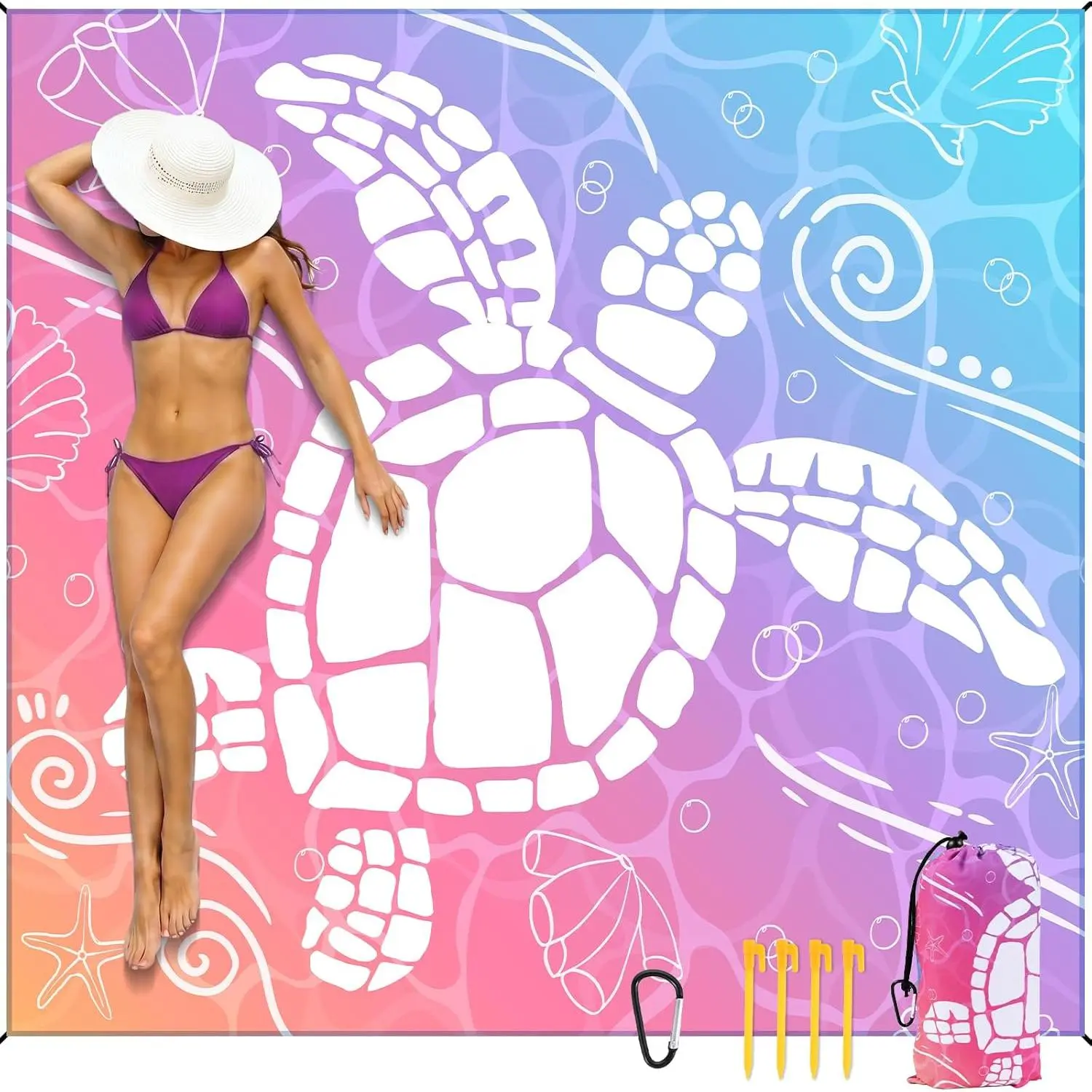 Beach Blanket Waterproof Sandproof 8 X 7 Ft Beach Mat 3–4 Adults Extra Large Outdoor Picnic Mat with Stake & Travel Bag Foldable Beaches Essential for Summer Outdoor Picnic (Pinkish Purple Sea Turtle)