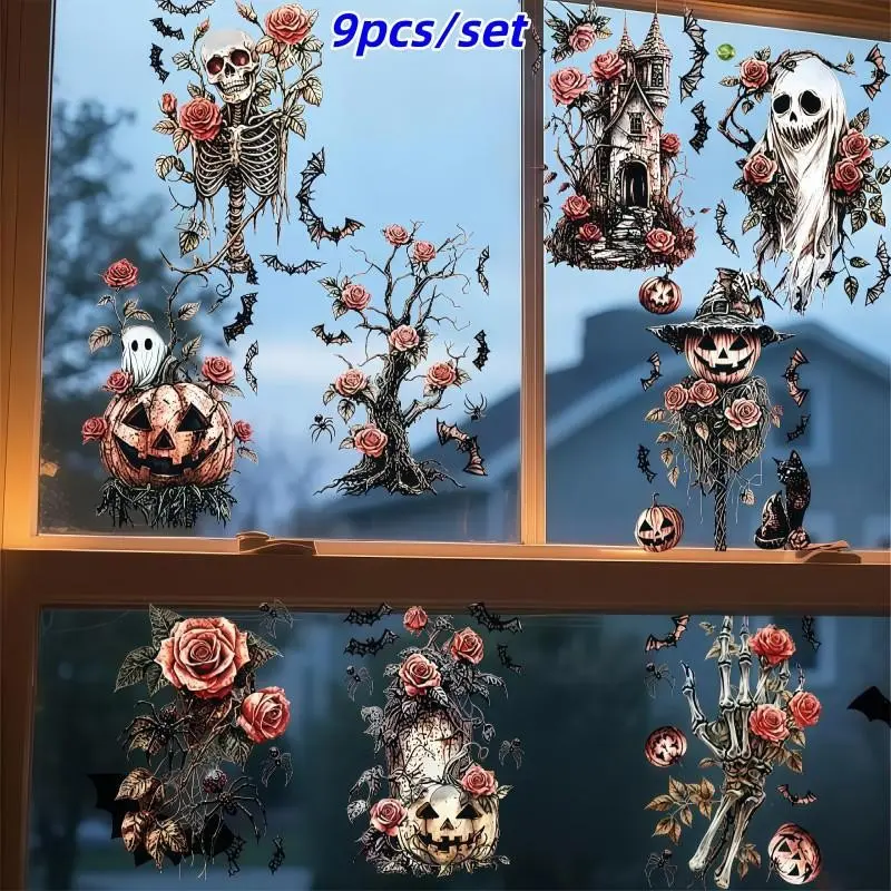 9-Piece Halloween Decoration Stickers, Static Glass Window Skull Wall Stickers, Festive Horror Decals for Doors, Windows, Shops