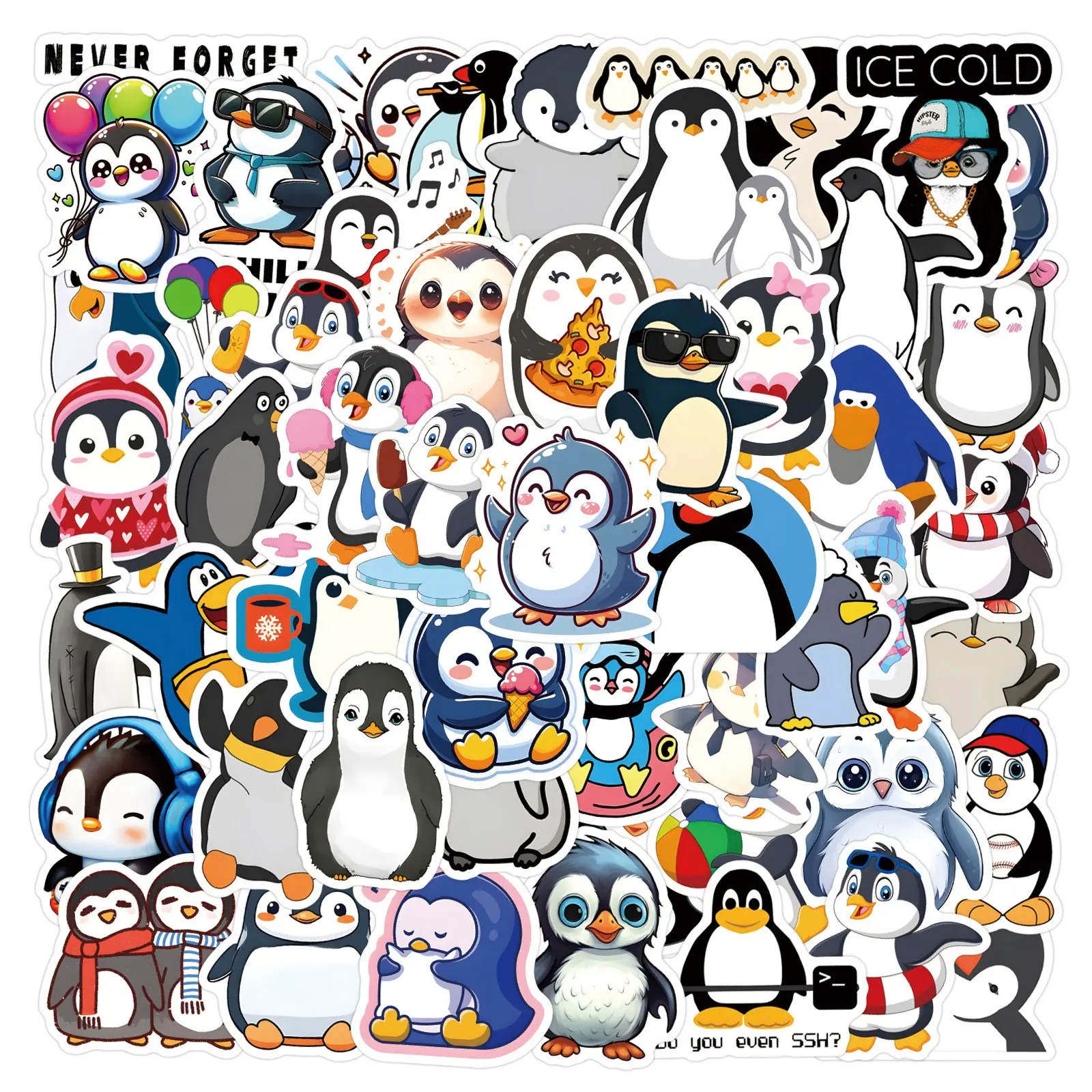 60 Sheets New Cute Penguin Graffiti Stickers, Waterproof DIY Stickers for Car Luggage Cup Phone Case, Fun Decorative Stickers