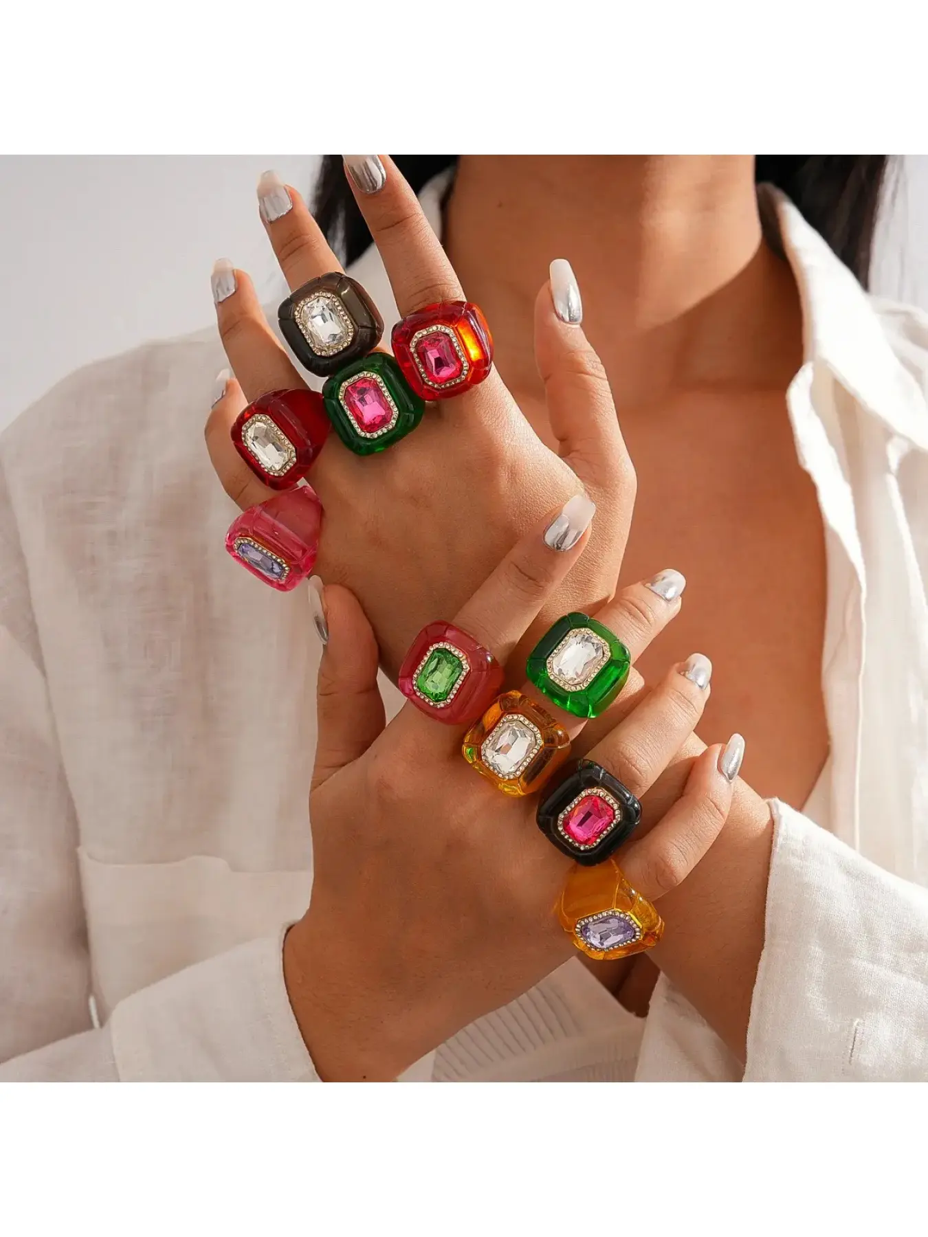 Lady Y2K Dopamine Multicolor Geometric Jelly Cubic Zirconia Chunky Ring Accessory, Geometric Rings, Suitable for Fashion Enthusiasts for Daily and Formal Occasions