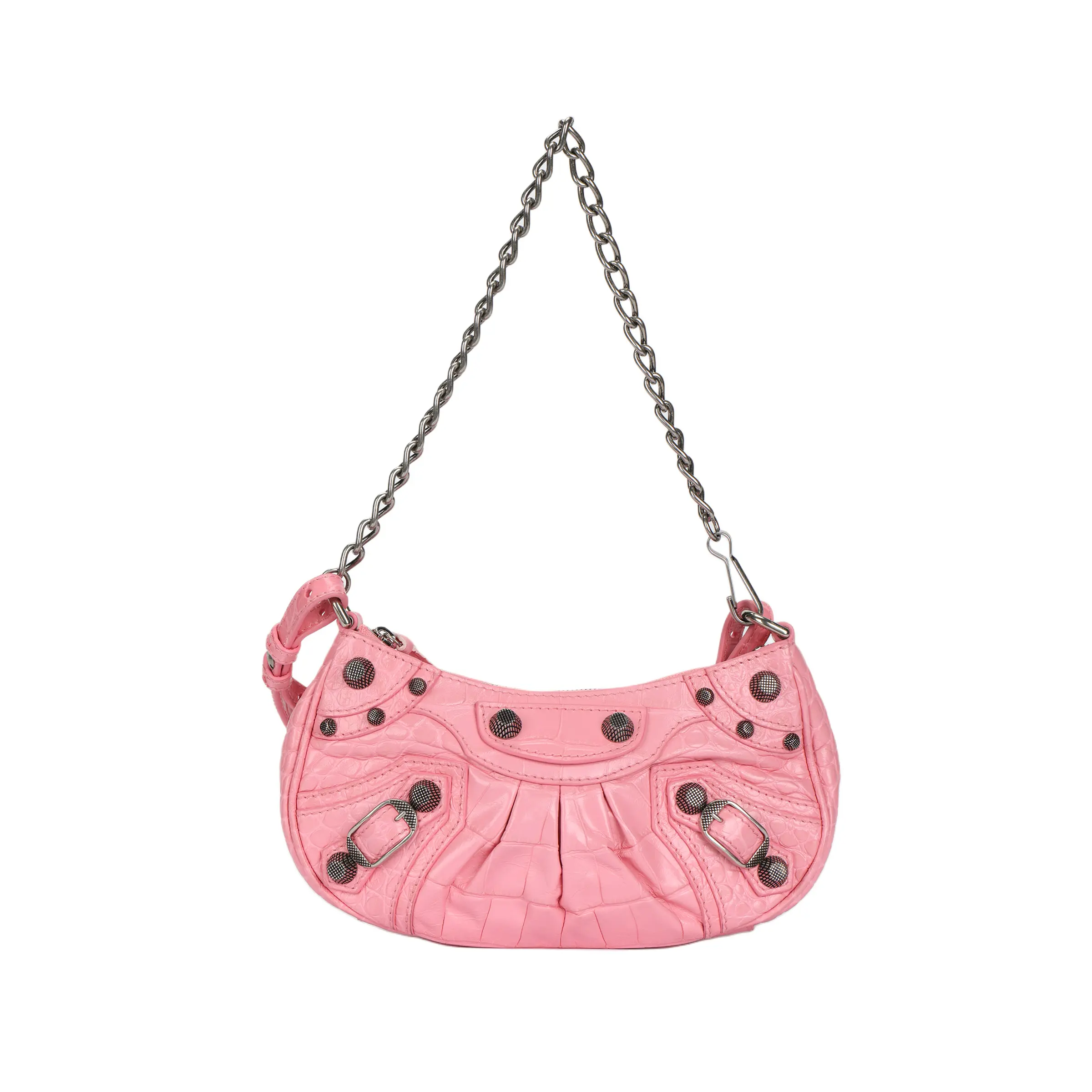 Balenciaga Le Cagole Crocodile-Embossed Calfskin Half-Moon Bag for Women, Pink