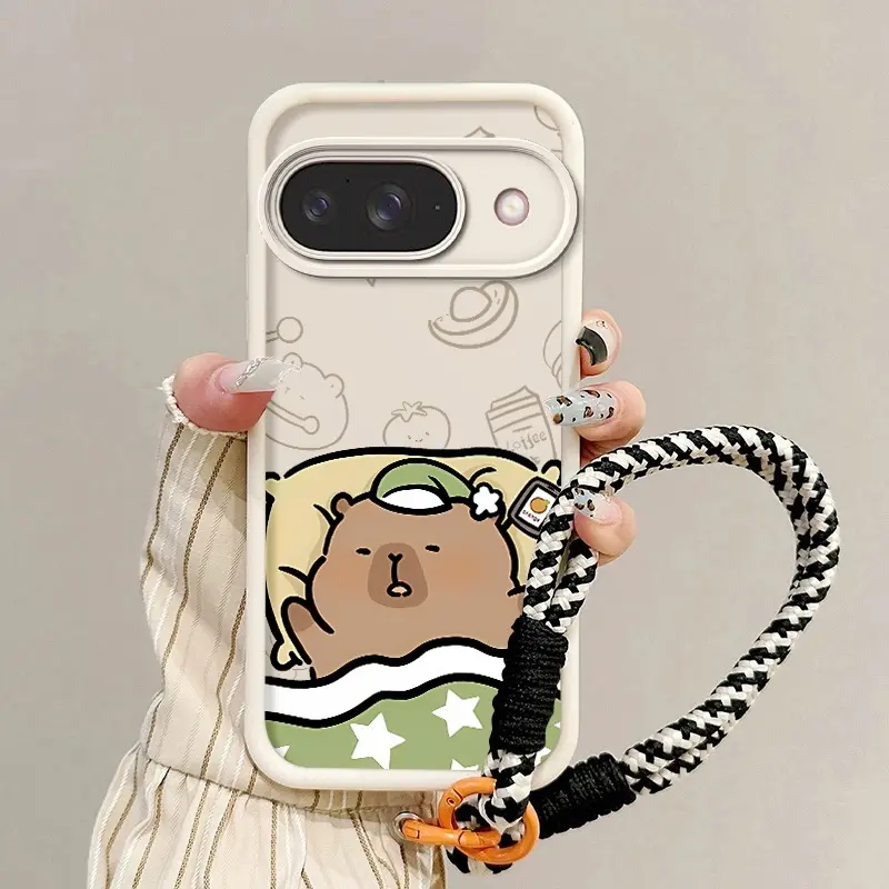 Lazy Style Cartoon Capybara Protective Phone Case Casing for Sleeping, Contrast Color Frame with Pleated Wrist Lanyard, Full Coverage Shockproof Unique Minimalist Design Compatible with Google Pixel 7/7a/7 Pro/8/8 Pro/8a/9/9a/9 Pro XL/10/10 Pro/10 Pro XL