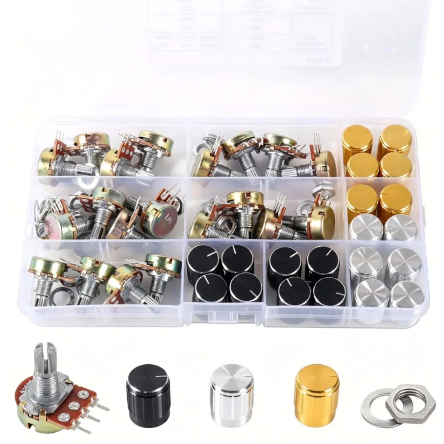 80 count WH148 Potentiometer Kit, Single Linear B Type Rotary Taper Potentiometer with  Knobs & Washers & Nuts, B5K B10K B20K B50K B100K Ohm for Audio Volume Control, Guitar, Amplifier, DIY