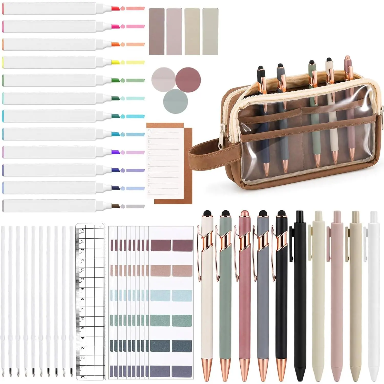 Women's Aesthetic 52-Count Office & School Writing Tools Full Set - Brown Pencil Pouch (Brown Pouch), Special Pen Case, Candies, Highlighters for Women College Haves & Favors