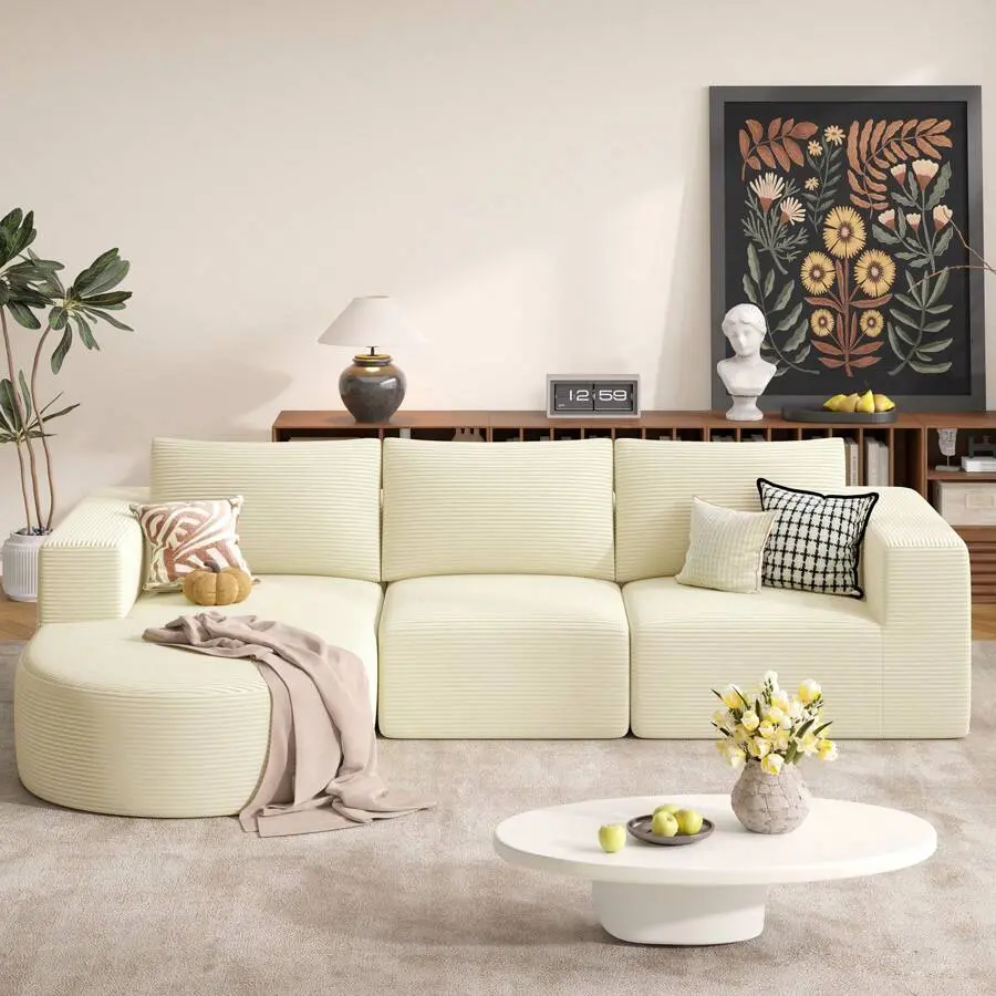 Modular Sectional Sofa With L-Shaped Recliner, Corduroy, Cloud Shaped Modern Sleeper Sofa With Deep Seat, Sponge Compression Sofa No Assembly Required