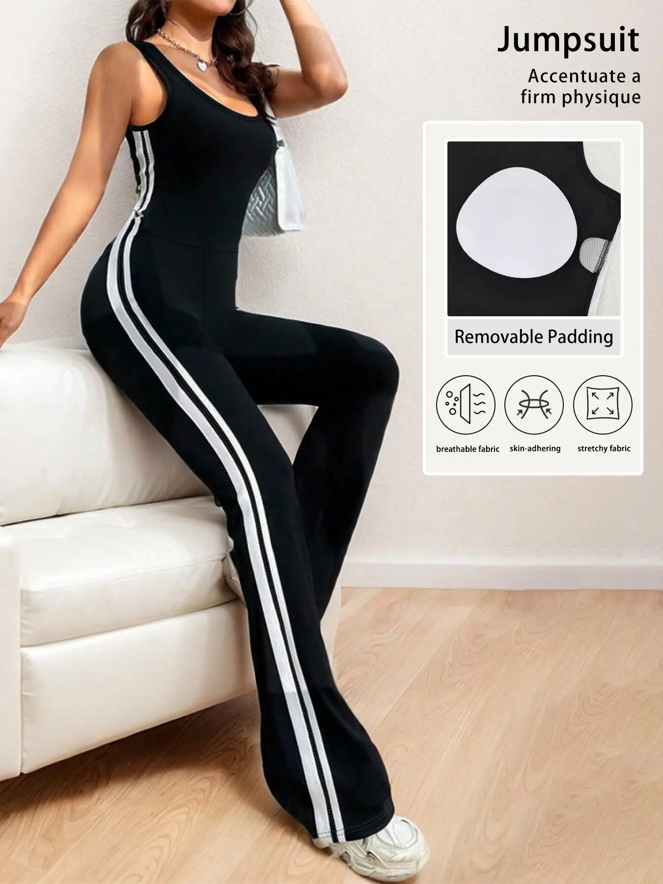 Striped Patchwork Sport Jumpsuits, Detachable Padded Bra, Slimming Flared Pants, Trendy Casual Athletic Wear for Women