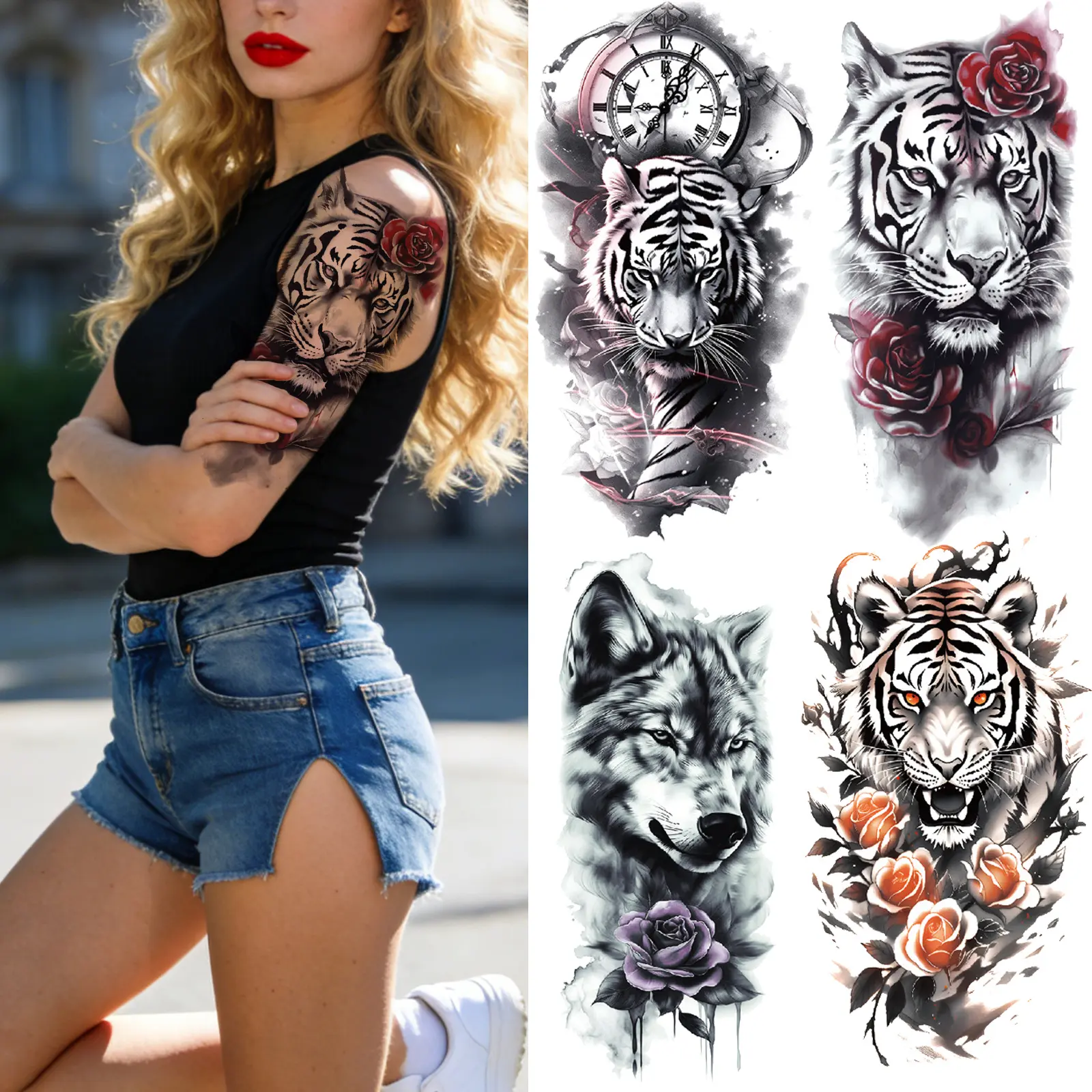 4 Sheets Tiger Flower Temporary Tattoos for Men and Women Realistic Fake Tattoo Forearm Tattoo Stickers