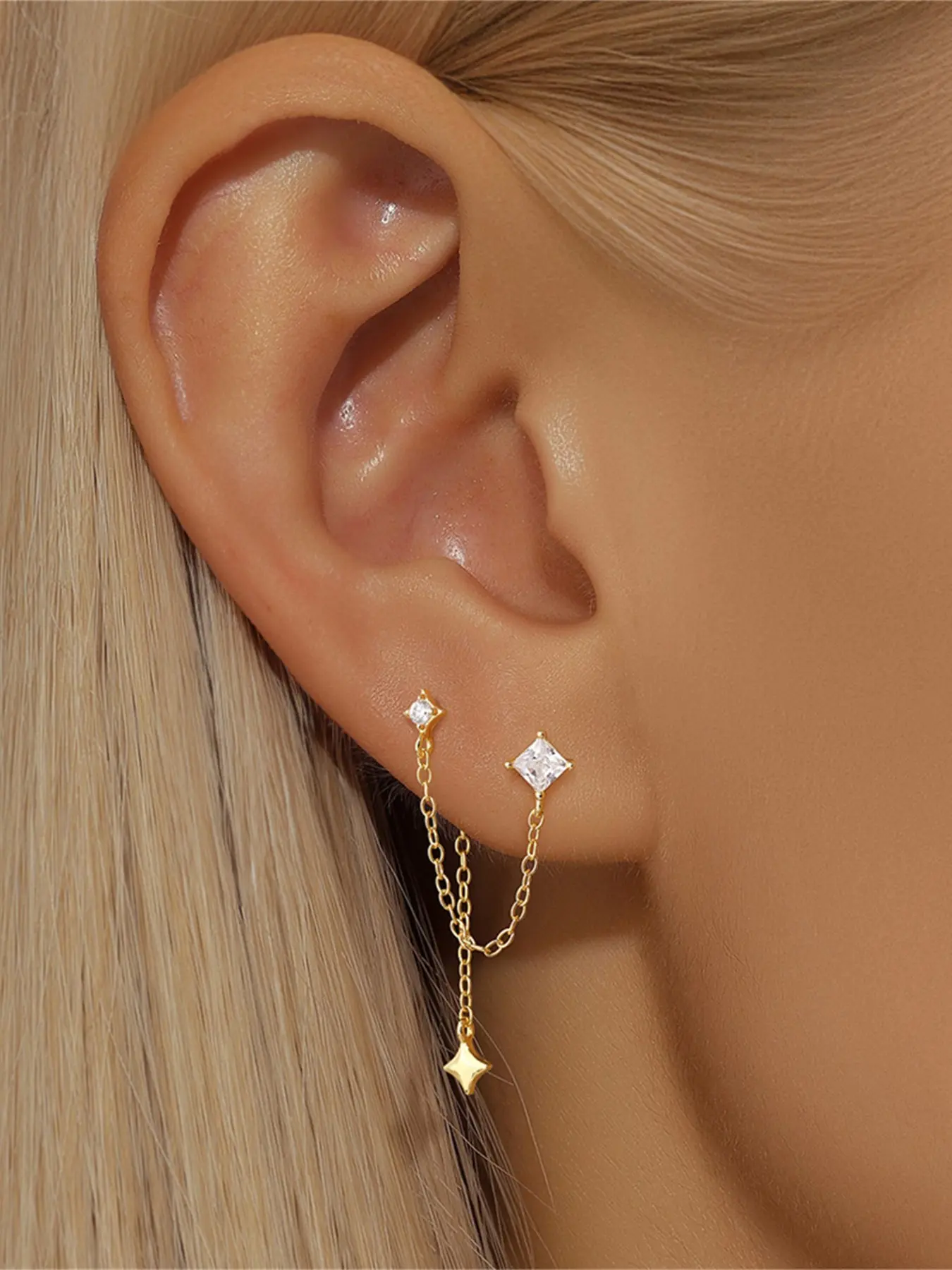 1Pc 925 Sterling Silver Classic Geometric Cubic Zirconia Tassel Chain Dual-Wear Drop Earrings Cartilage Helix Tragus Lobe Piercing Suitable For Women For Daily, Dates, Vacation, Wedding, Party, Holiday Gift Classic Style Earrings Tragus Jewelry