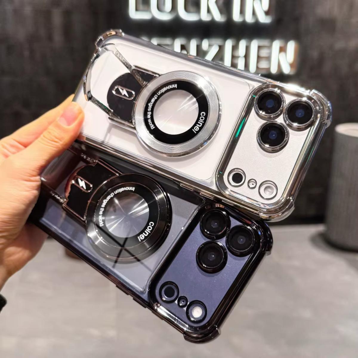 Plating Shockproof Magnetic Pulling Bracket Case For iPhone 17 16 15 14 Plus 13 Pro Max Air Clear Bumper Cover shockproof slim case