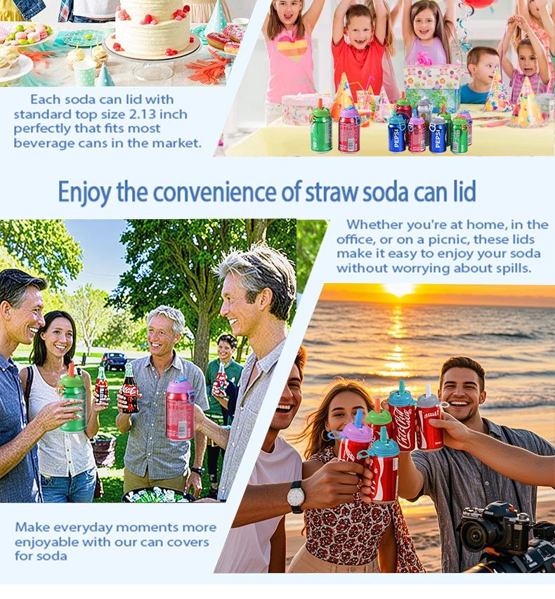 4-Pack Soda Can Lids with Straws, Reusable Silicone Straw Can Lids, Leak-Proof, Easy to Use, Fits Standard Cans, 4 Colors