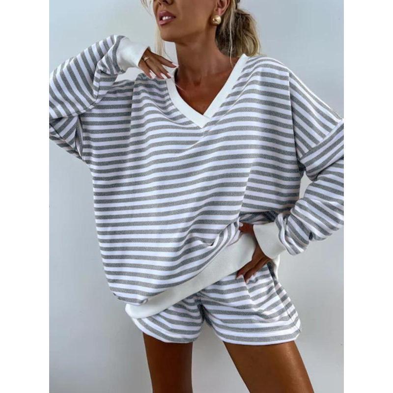 Two-piece Set Women's Striped Print V Neck Drop Shoulder Sweatshirt & Elastic Waist Shorts Loungewear Casual Comfy Pajama Chic Set for Spring & Fall Sleepwear Women'swear Apparel