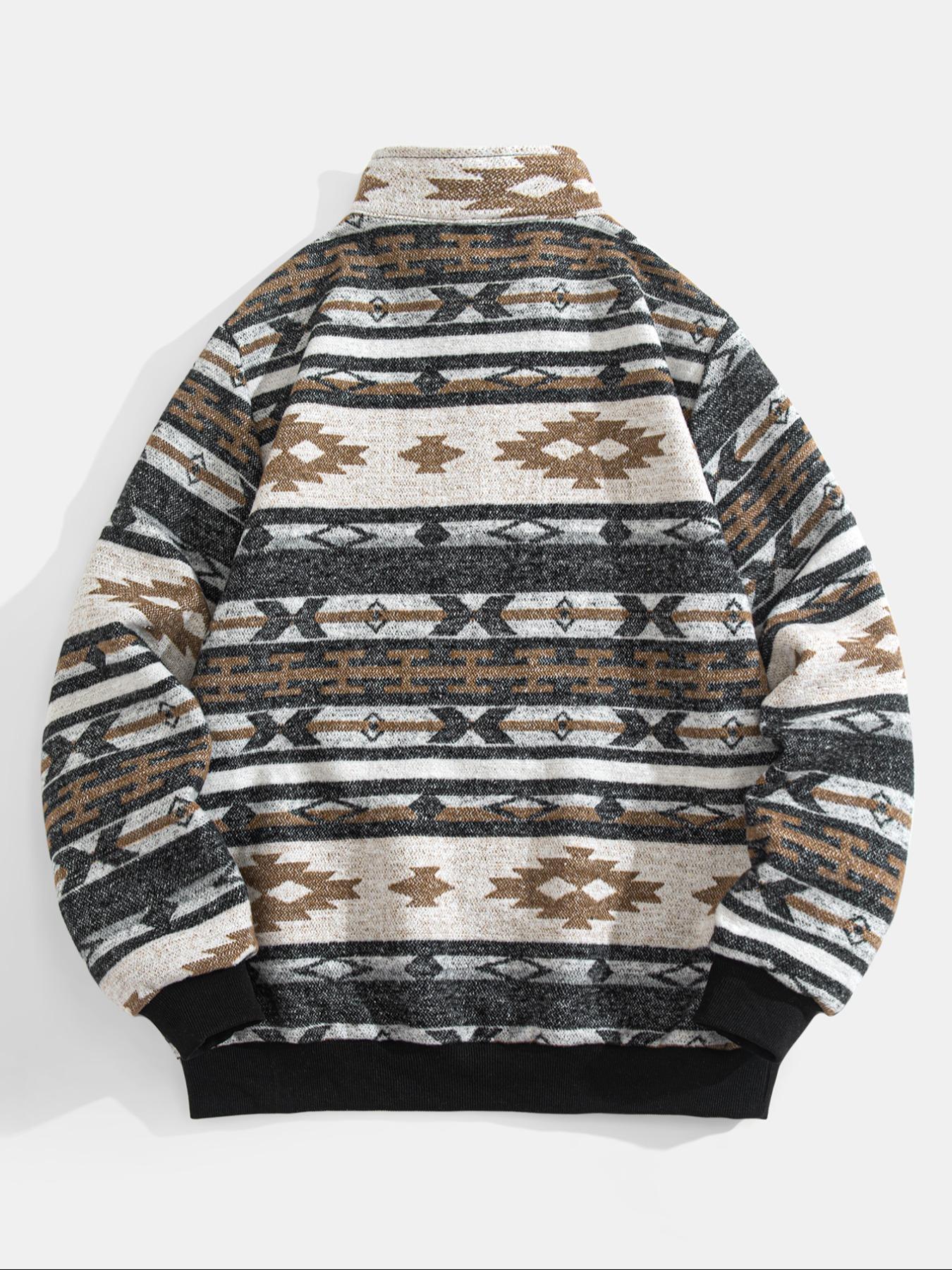 Men's Ethnic Pattern Half-Zip Mock Neck Jacket, Loose Casual Long Sleeve Zip Front Outerwear for Winter, Men's Winter Clothes for Daily Wear, Zippered Jacket