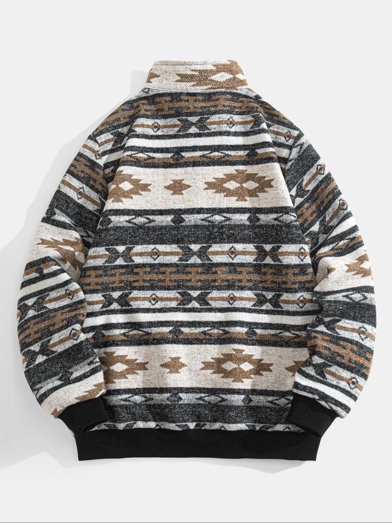 Men's Ethnic Pattern Half-Zip Mock Neck Jacket, Loose Casual Long Sleeve Zip Front Outerwear for Winter, Men's Winter Clothes for Daily Wear