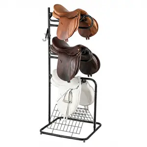 3 Tier Freestanding Saddle Rack, Rotating Horse Saddle Stand with Removable Arms & Bridle Hooks, Bridle Hooks, Blanket Storage – Fits English & Western Saddles