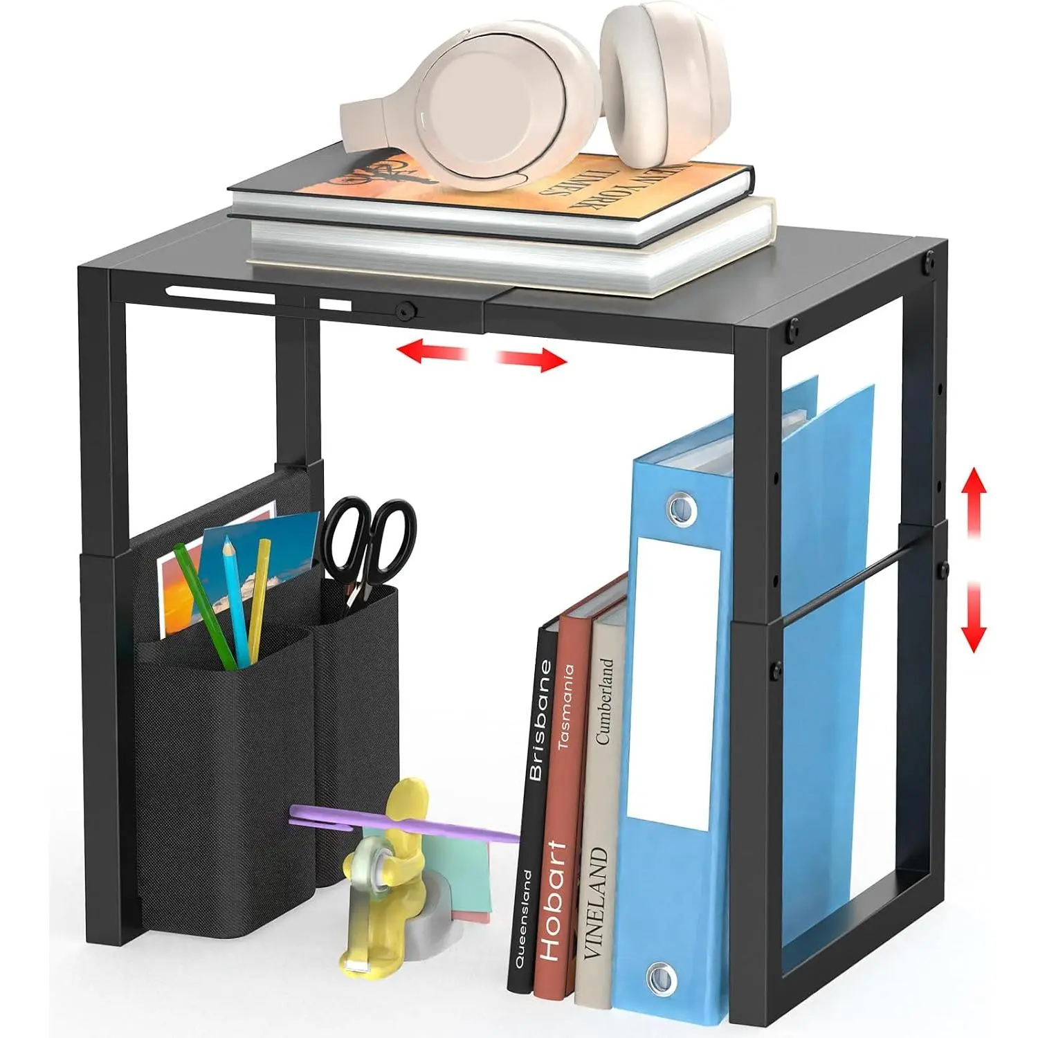 Locker Organizer Shelf, Metal Adjustable Width and Height, Ideal Locker for School, Office, and Gym Lockers, Extends Locker Storage Organization with Pockets, Black