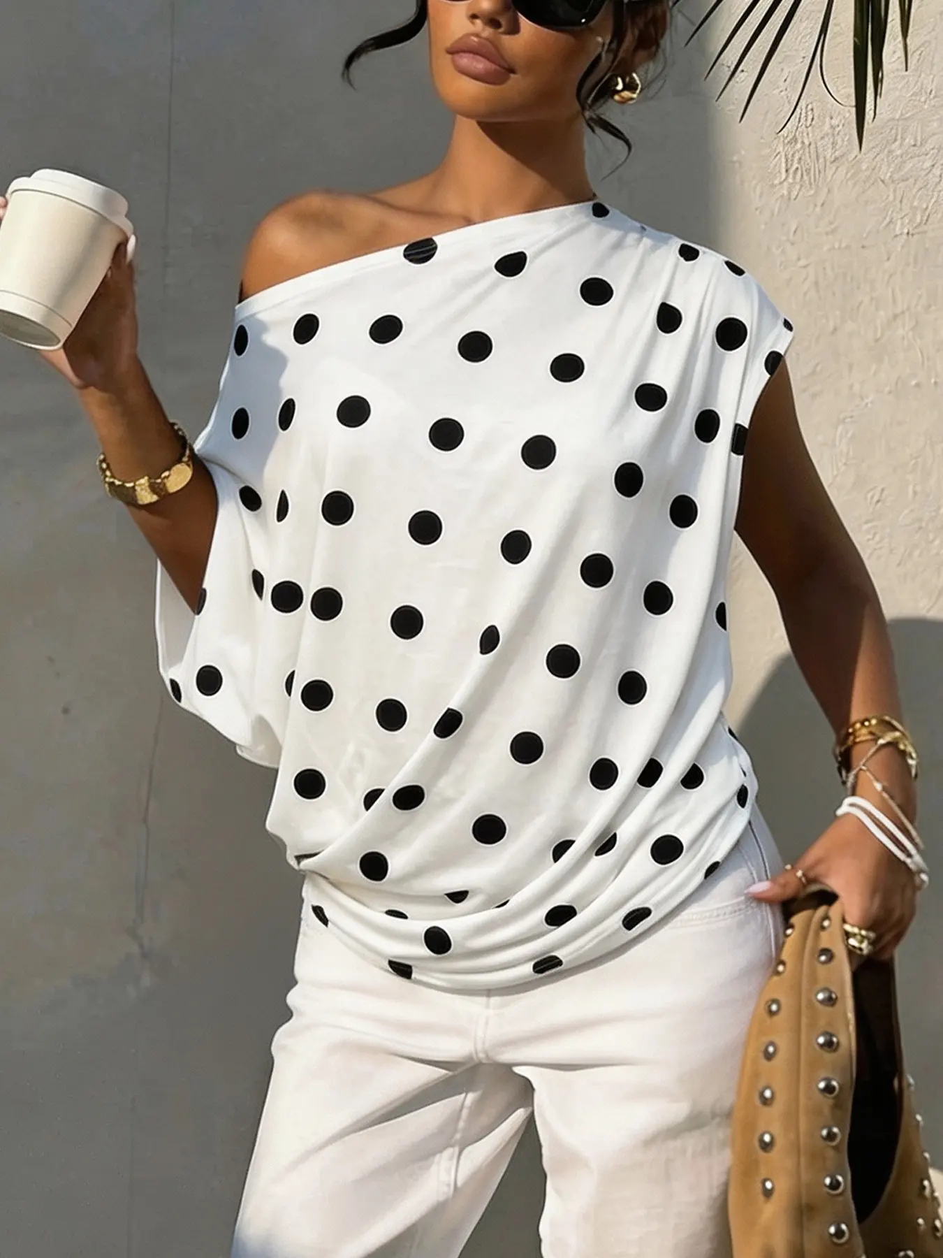 Women's White Black Polka Dot One Shoulder Asymmetrical Twisted Hem Loose Casual Top