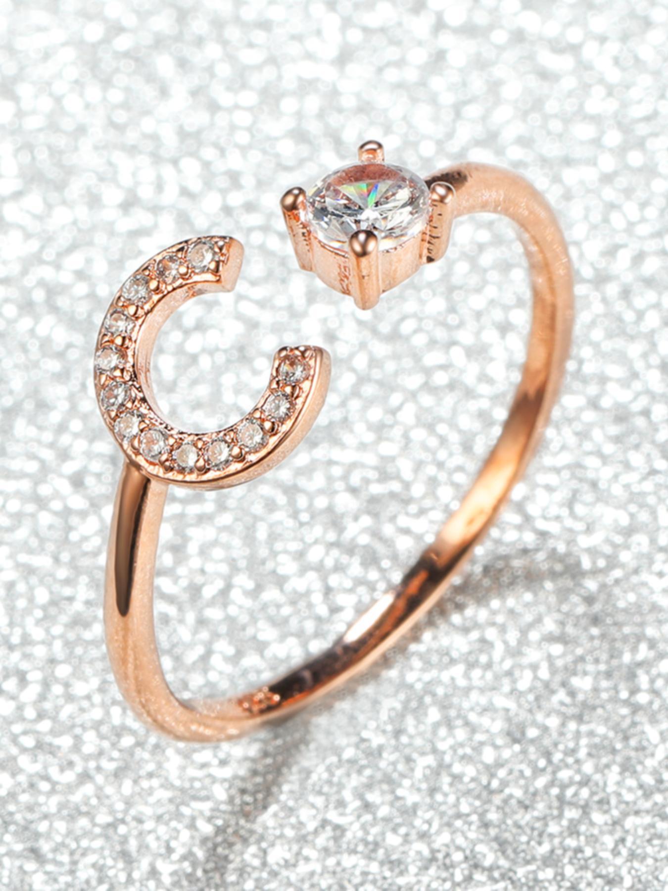 Summer 2026 Creative Letter Cuff Ring with Artificial Zircon Decor, Adjustable Open Ring, Fashion Jewelry for Women & Girls