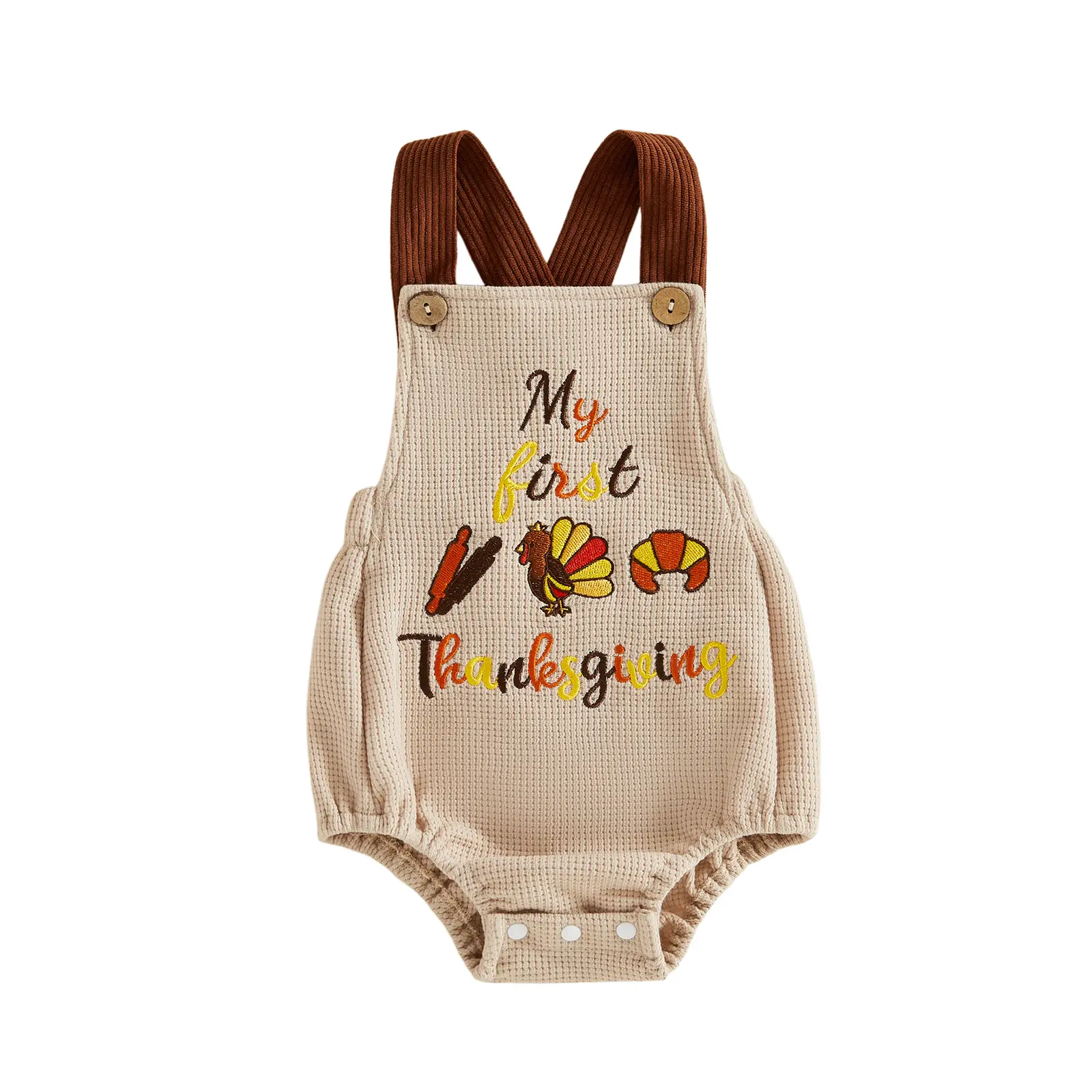 Meihuida My First Thanksgiving Infant Baby Boy Girl Overall Romper Waffle Turkey Embroidery Strap Bubble Onesie Fall Clothes 0-18M