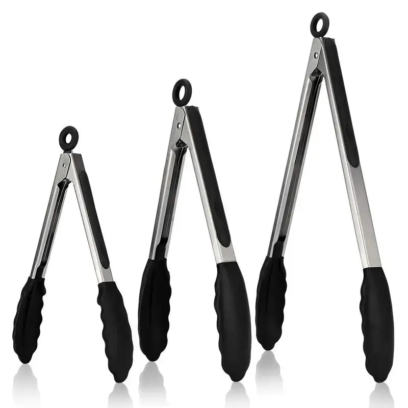 Silicone Kitchen Tongs Set, 3 Counts Non-stick Silicone Tongs with Stainless Steel Handle, Heat Resistant Food Tongs for Cooking, Baking, Frying, Kitchen Utensils, Kitchen Cooking Accessories, Kitchen Utensils Gadgets, Kitchen Supplies, Summer for Gift