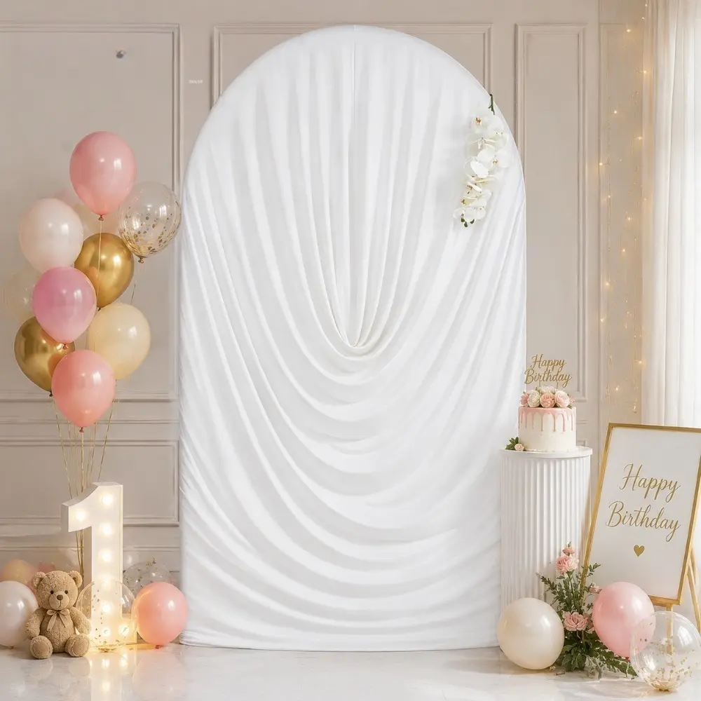 1 elegant white water ripple arch cover, handcrafted elastic fabric, no wrinkles, photo background, welcome entrance decoration, suitable for wedding, engagement, baby first birthday,  festival party photo background decoration, no shelf.