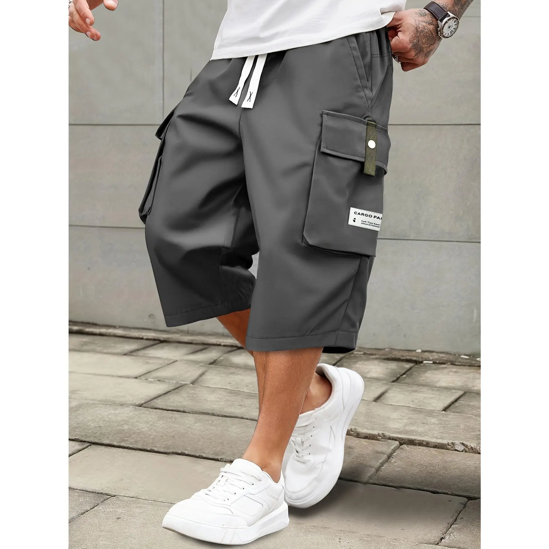 Men's Wide-Leg Capri Cargo Shorts in a Relaxed Fit, Solid Retro Style Streetwear with a Drawstring Waist for Casual Holiday, Sneakers, Outdoor, Chunky, Basic, Plain, Breathable, Fabric, Chic, Preppy, Polyester, Loose Fit, Above The Knee