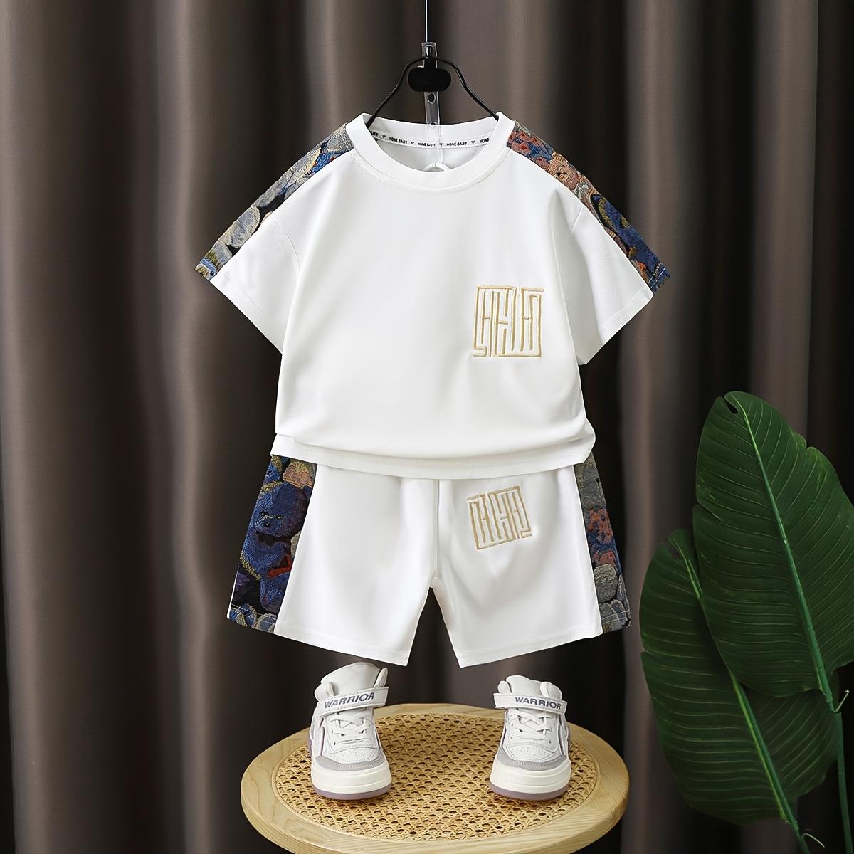 (New)2pcs Set, Popular Chinese Style Boys' Short-Sleeve Outfit, New Casual Embroidered 2pcs Set,  Streetwear Short-Sleeve Children's Clothing, Perfect for Outdoor
